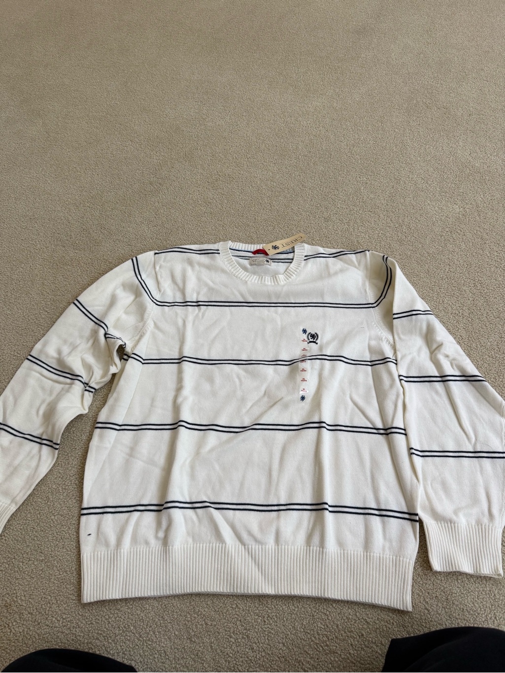 Crest White Crewneck Sweater With Navy Stripes